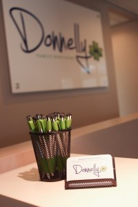 Front desk with pens and business cards